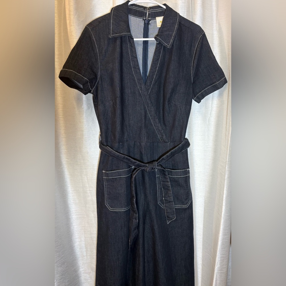 Maeve Anthropologie Colette Wrap Jumpsuit Ponte Denim Blue 10 - Picture 9 of 14